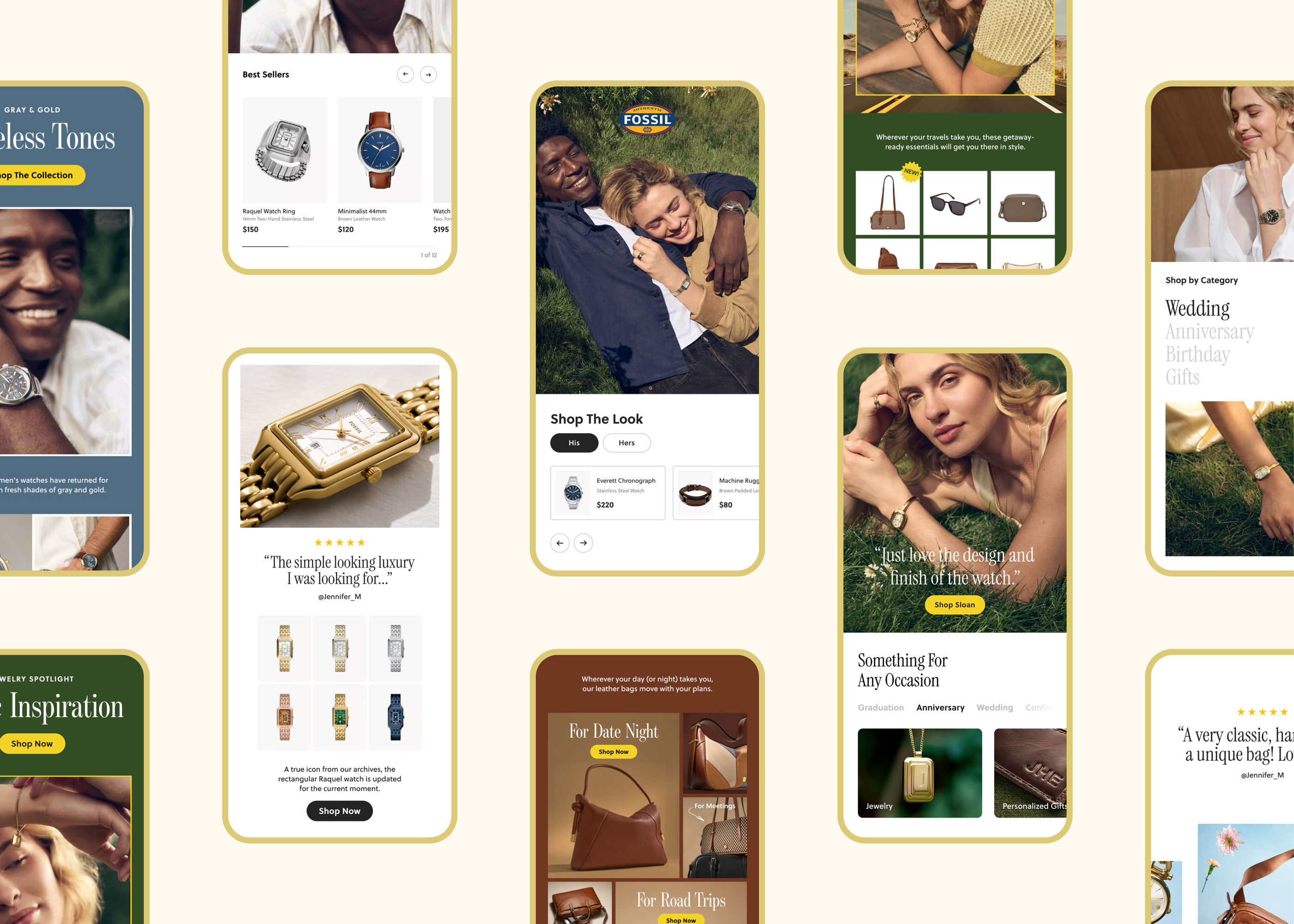 Collage of Fossil watch and jewelry ads showing diverse models and product close-ups in lifestyle settings.
