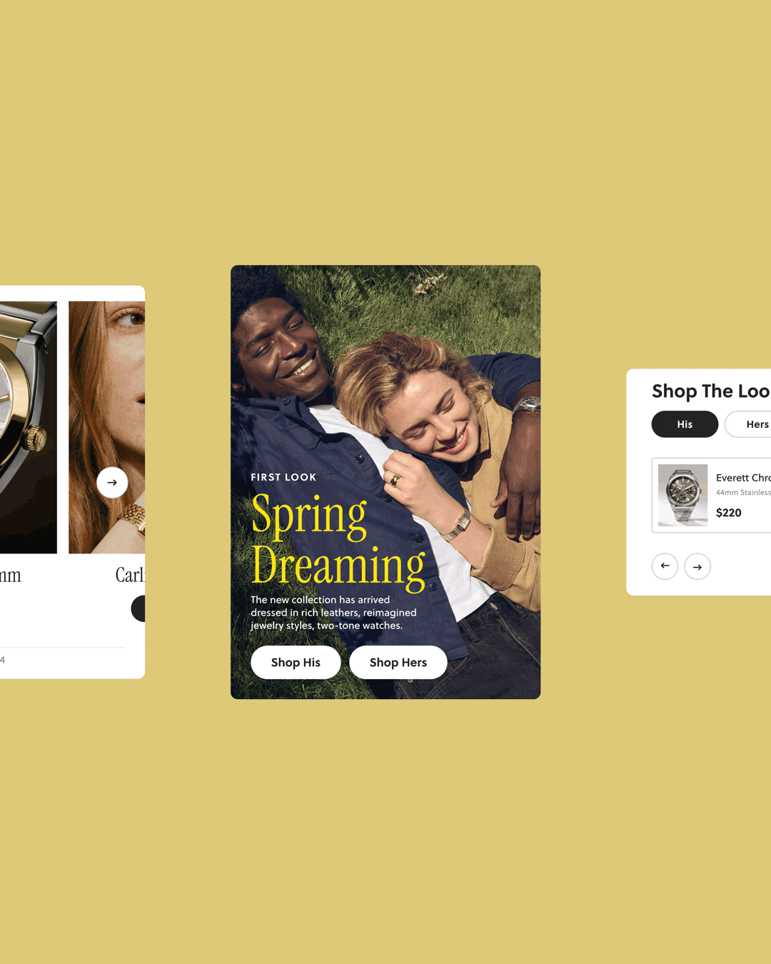 Man and woman lying on grass smiling, promoting Spring Dreaming watch collection with shop his and hers buttons.