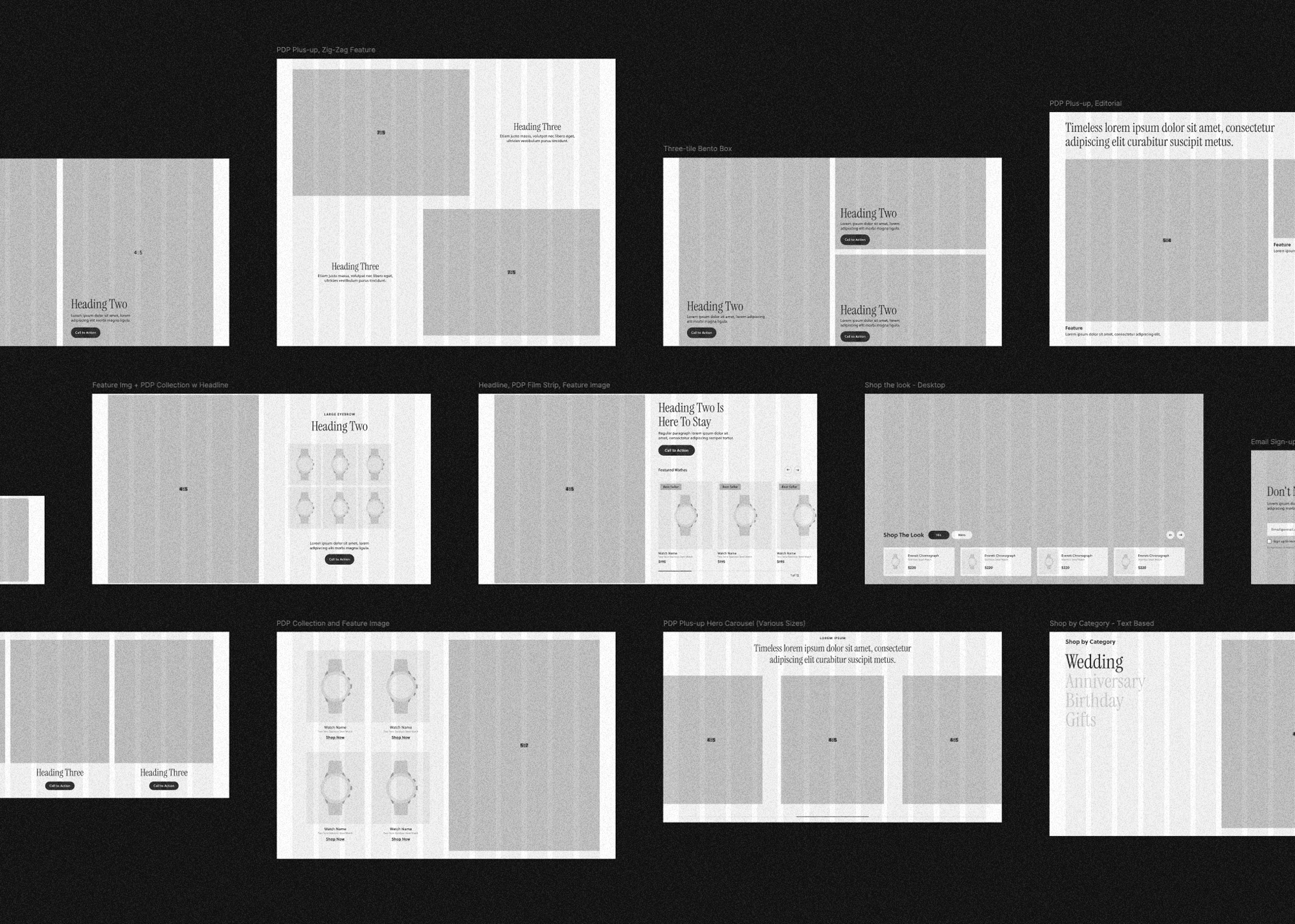 Grid layout wireframes showing various website design sections like headlines, product displays, and sign-ups.