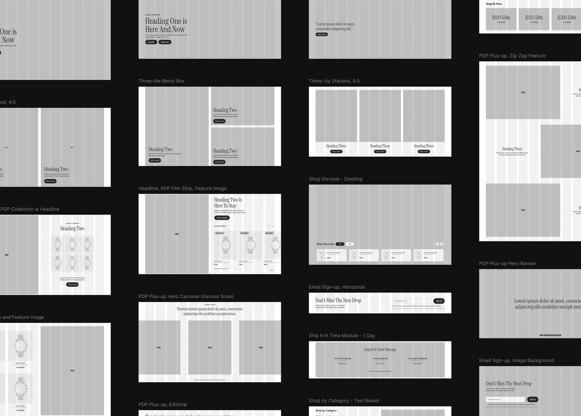 Grid layout wireframes showing various website design sections like headlines, product displays, and sign-ups.