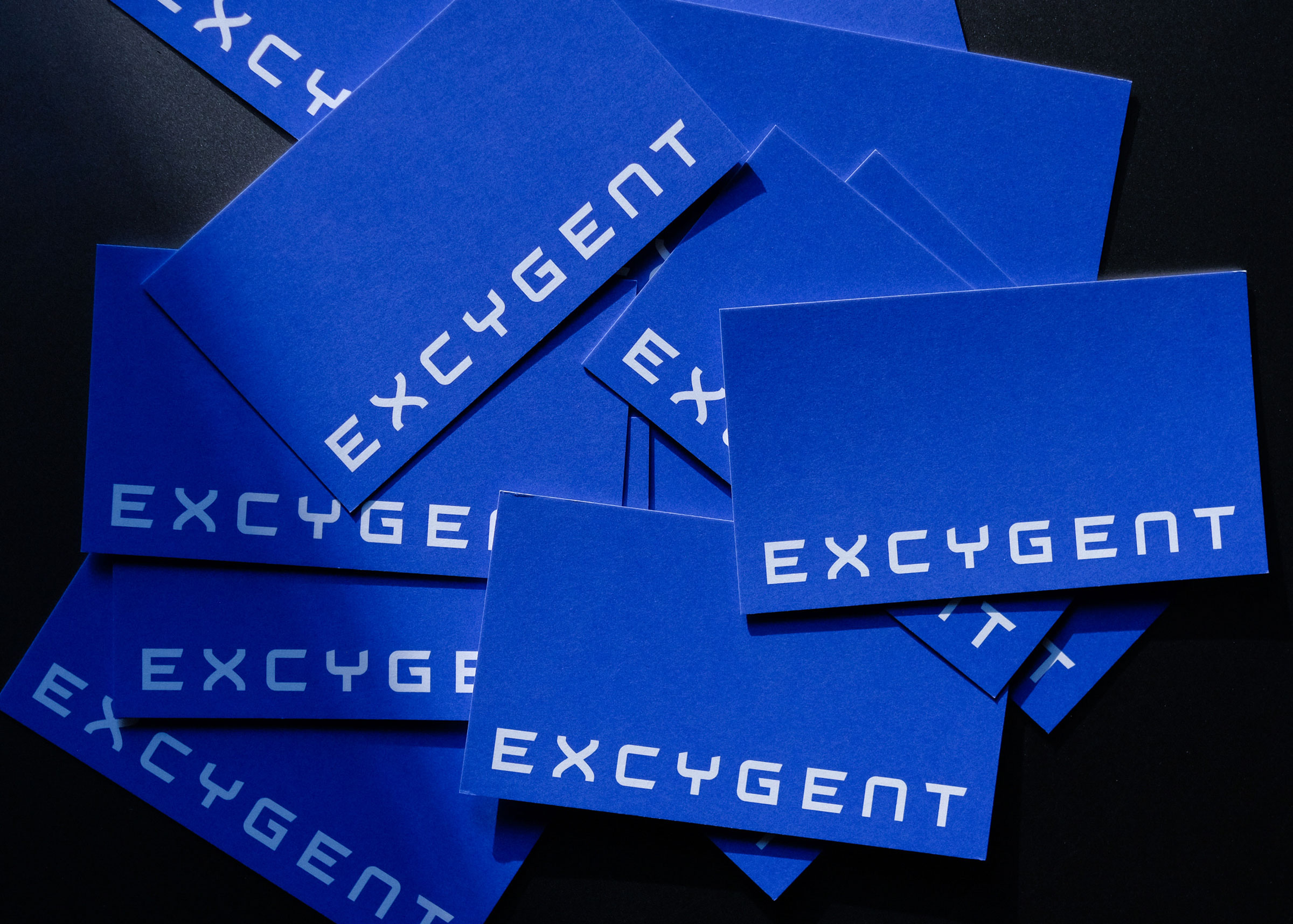 Blue cards scattered with the word EXCYGENT printed in white futuristic font.