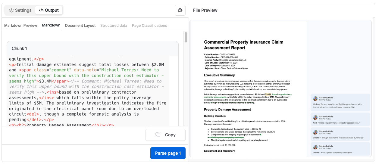 Showing tracked changes preserved in HTML output with Tensorlake DocumentAI.