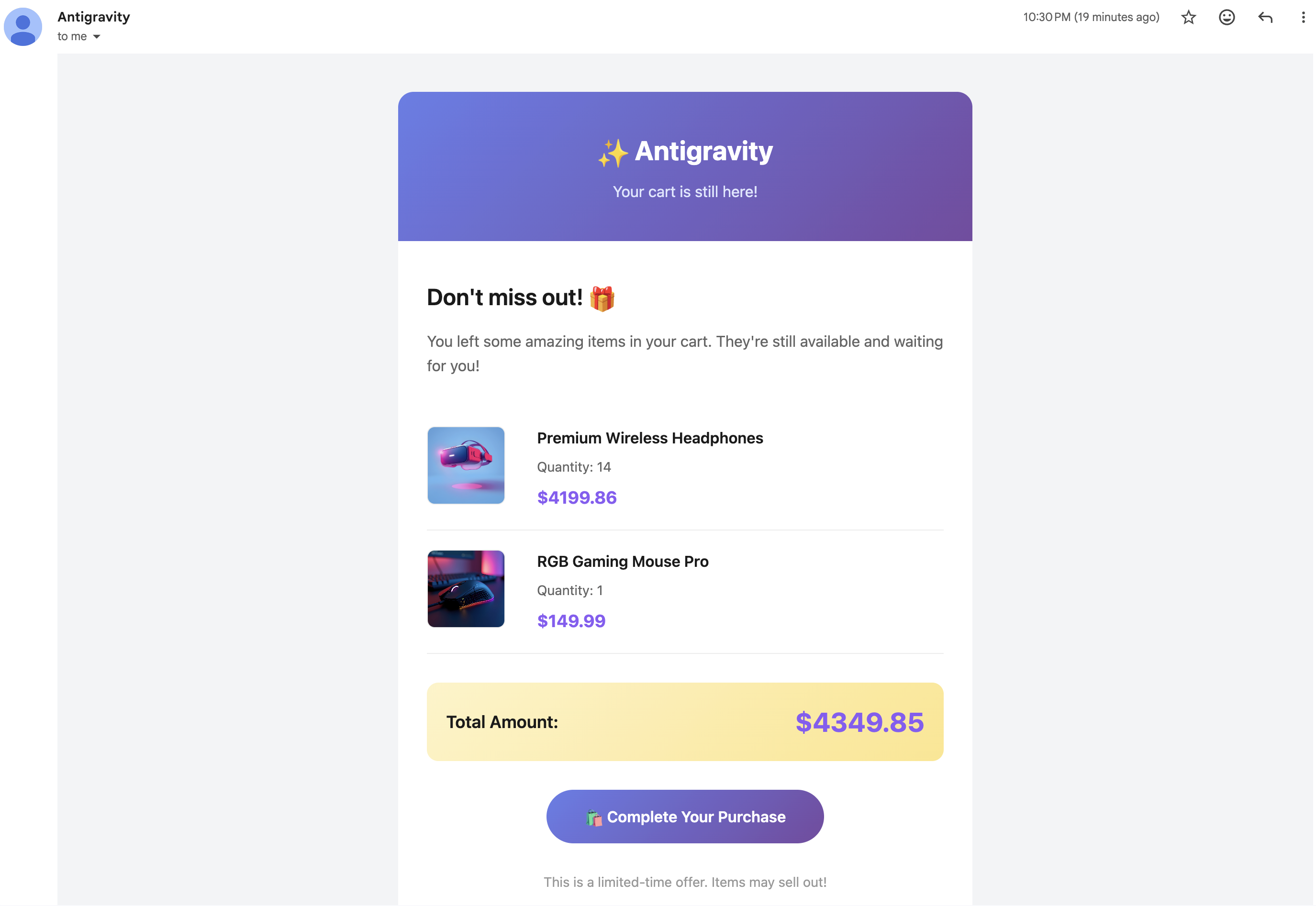 Antigravity generated email for abandoned cart