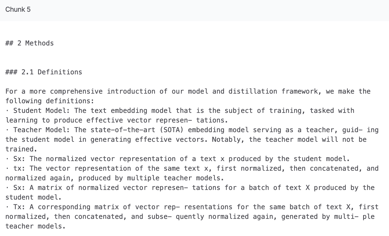 A screenshot of a document section labeled “Chunk 5” with the heading “## 2 Methods” and subheading “### 2.1 Definitions.” The text introduces definitions for a model distillation framework. The student model is described as the trainable text embedding model tasked with producing effective vector representations. The teacher model is a state-of-the-art embedding model that guides the student model in generating vectors, but the teacher itself is not trained. The notation Sx refers to the normalized vector representation of a text x produced by the student model, while tx represents the same text x after being normalized, concatenated, and re-normalized by multiple teacher models. The notation Sx with uppercase X refers to a matrix of normalized vectors for a batch of text X from the student model, and Tx with uppercase X refers to the corresponding matrix from teacher models that is normalized, concatenated, and re-normalized.