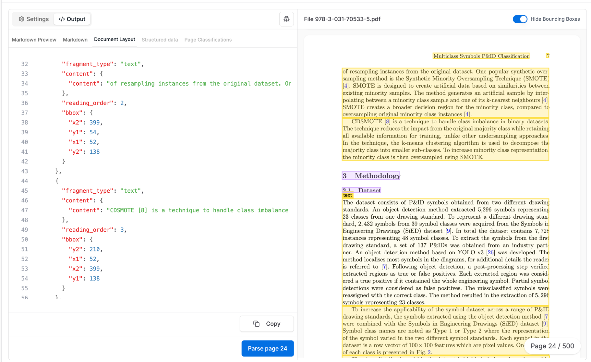 Citation-aware RAG workflow diagram showing document processing pipeline from PDF input through Tensorlake Document AI to parsed elements with bounding boxes, chunking with anchors, citation metadata extraction, and vector database storage