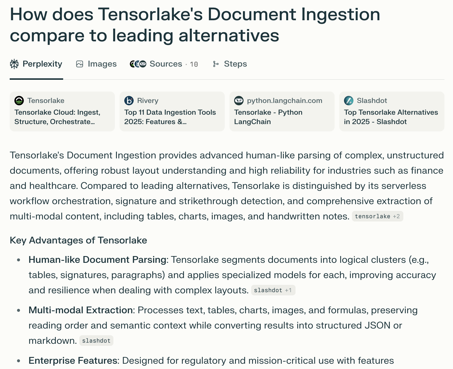 Perplexity search results comparing Tensorlake document ingestion capabilities showing 10 sources about document ingestion tools