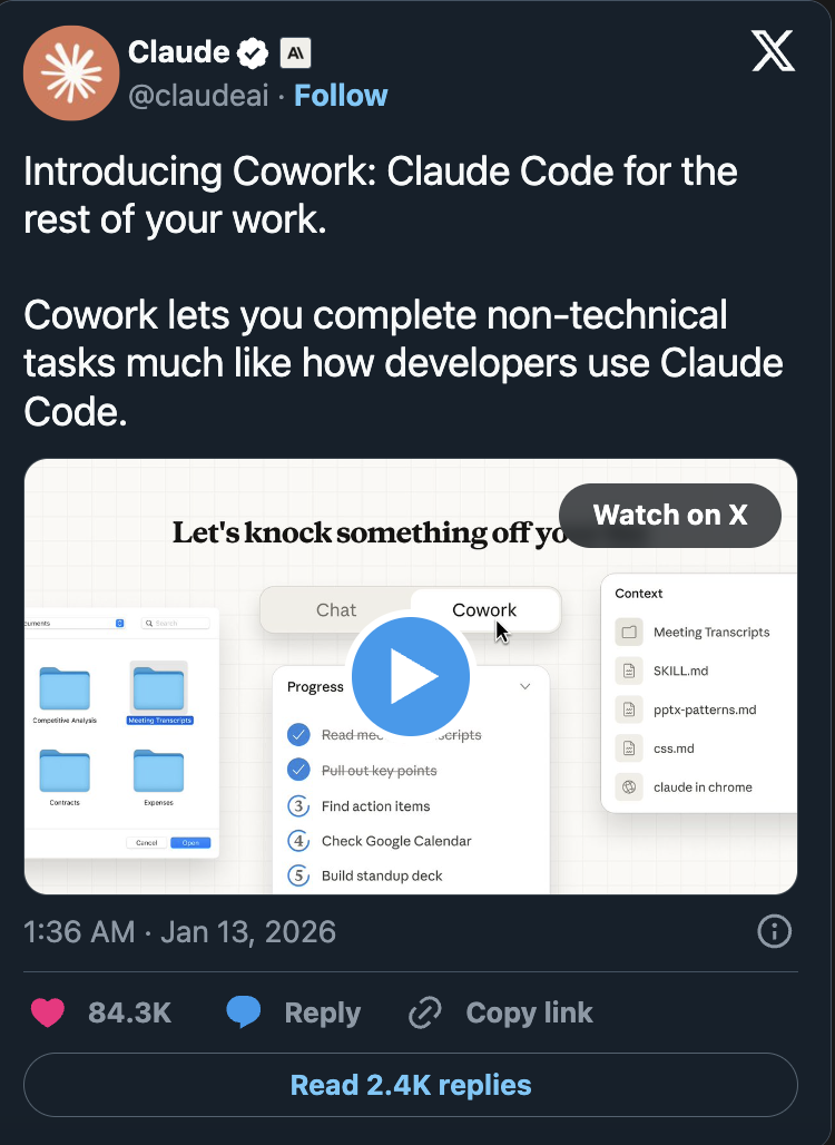 Claude Cowork announcement tweet