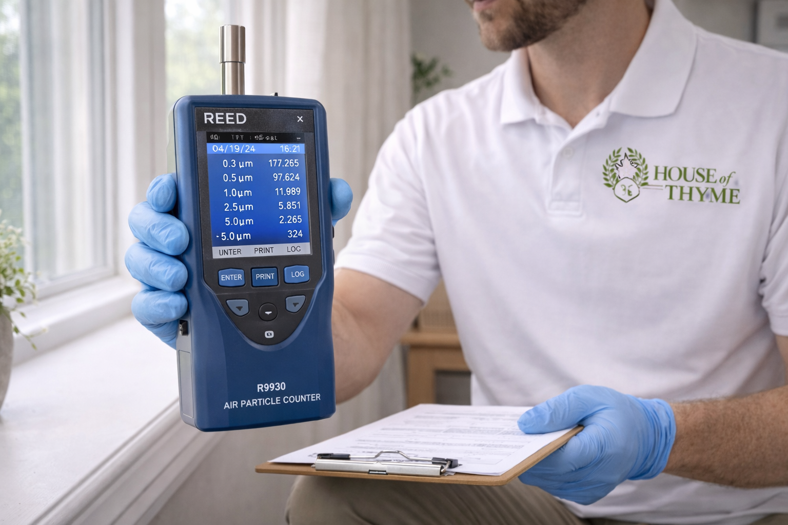 man using professional indoor air quality testing equipment