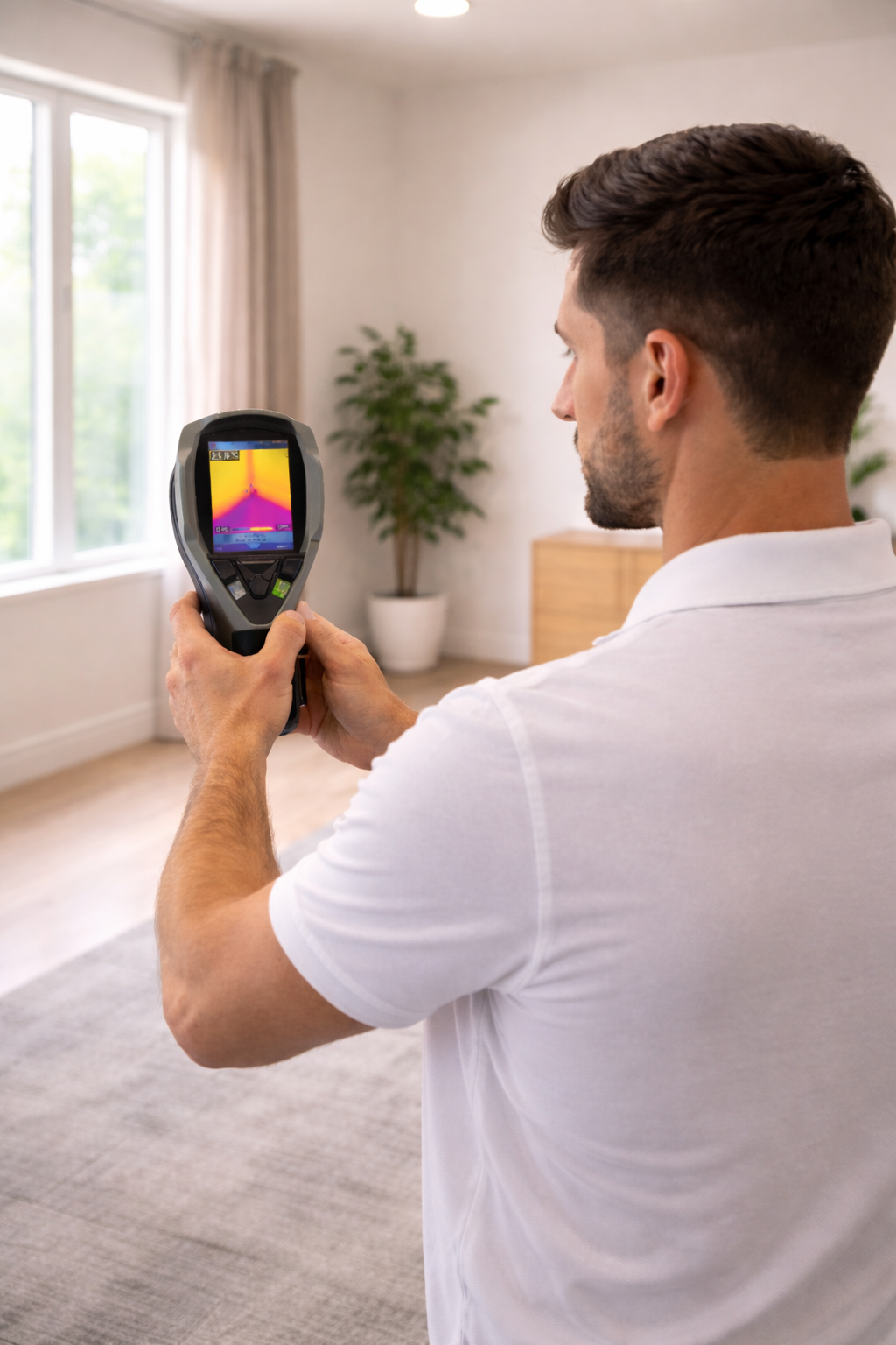 man using an infrared scanner to scan a room