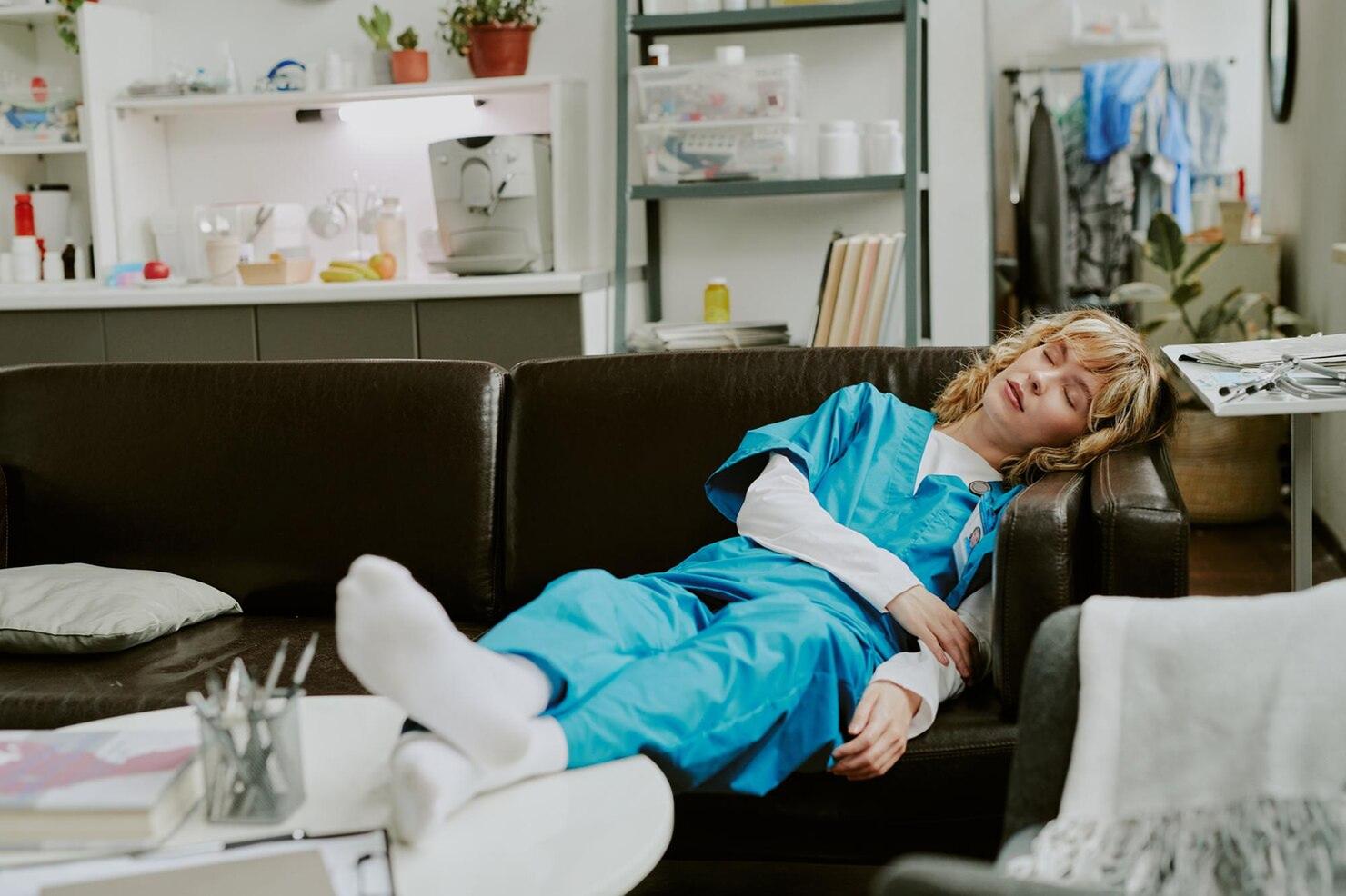 Sleeping lady wearing scrubs