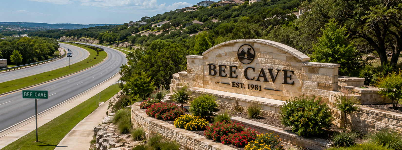 Bee Cave city entrance stone sign.