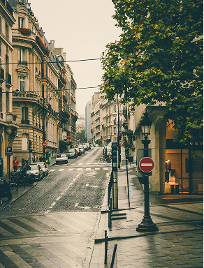 City street with historic buildings, trees, parked cars, and a no entry traffic sign.