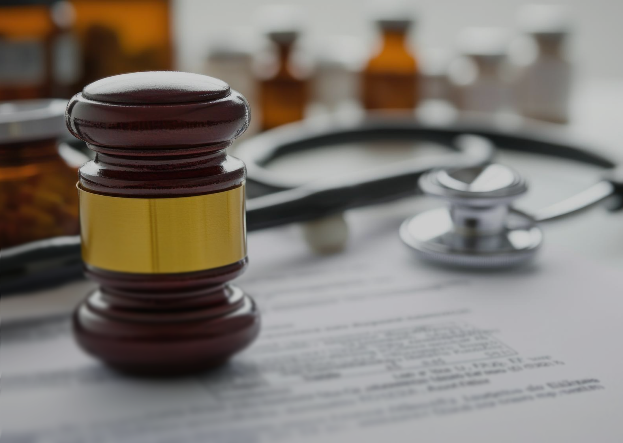 Wooden judge's gavel with a gold band on a document, with a stethoscope and medicine bottles blurred in the background.