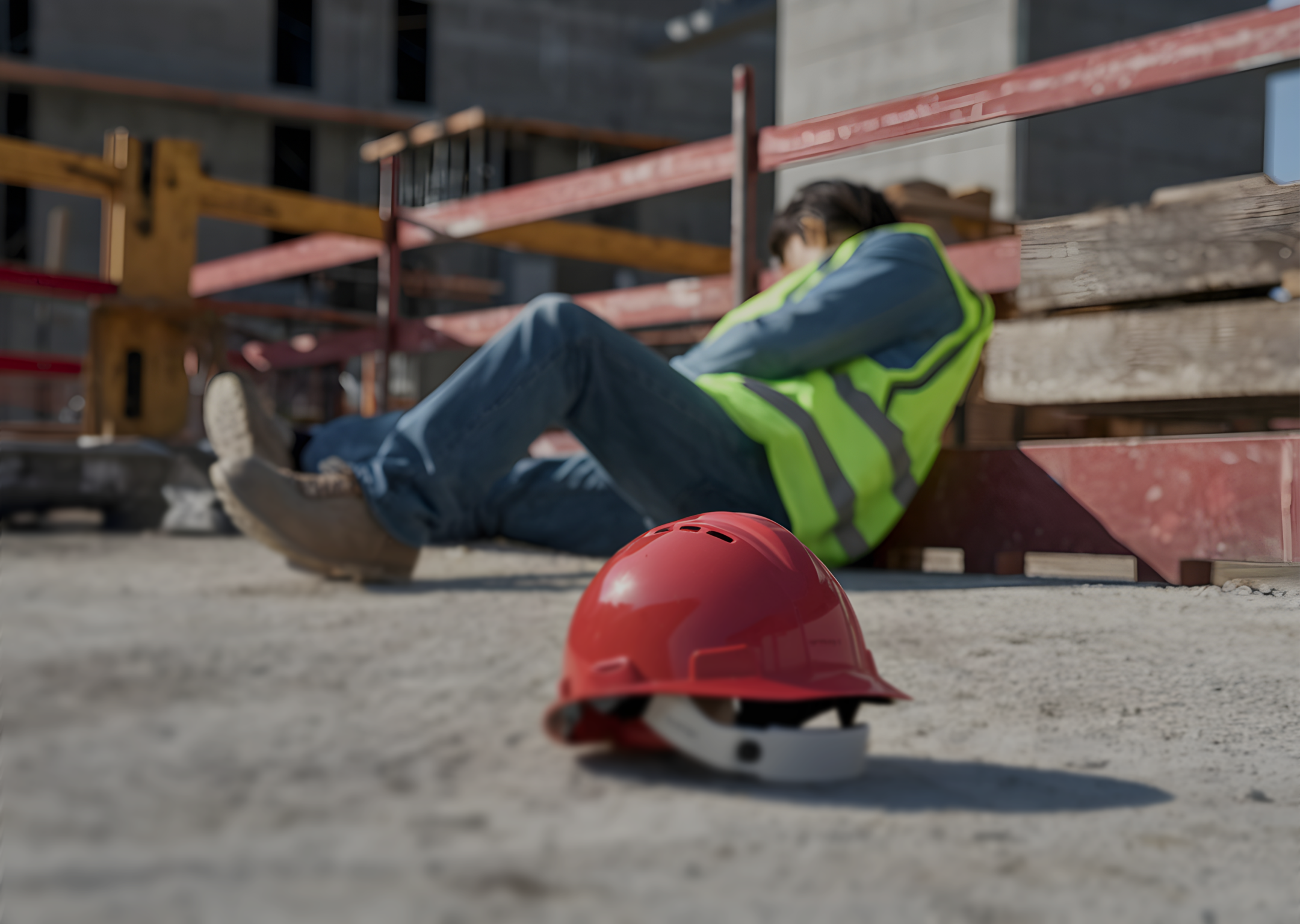 Construction worker in a reflective vest sitting on the ground, leaning against a railing with a red hard hat in the foreground on the concrete floor.