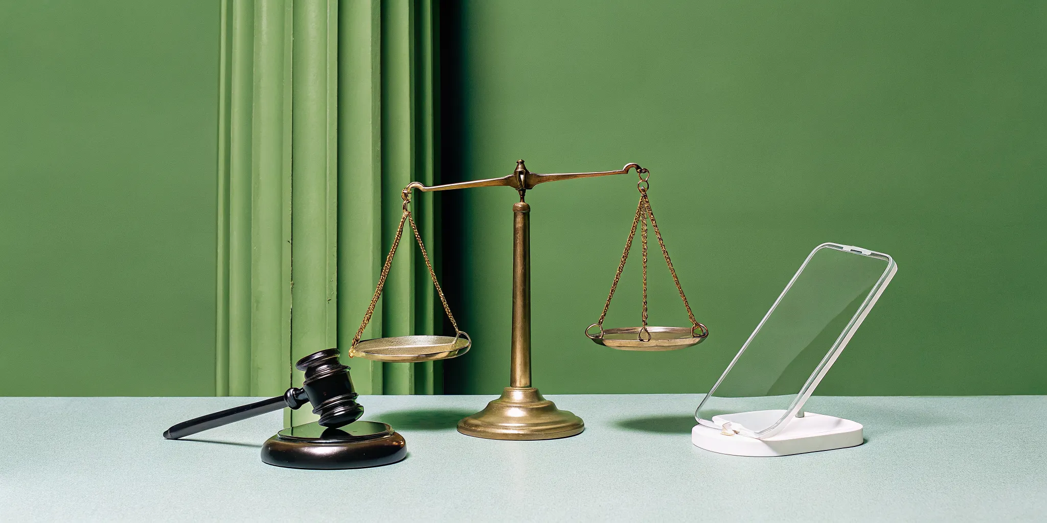 Gavel and scales of justice next to a smartphone, representing laws for a defective product.