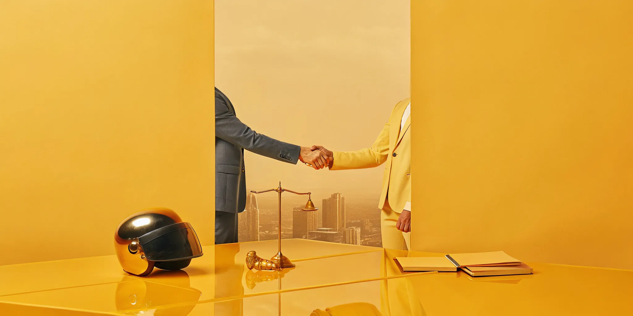 A handshake finalizes getting legal advice for a motorcycle accident, with a helmet and scales on the desk.