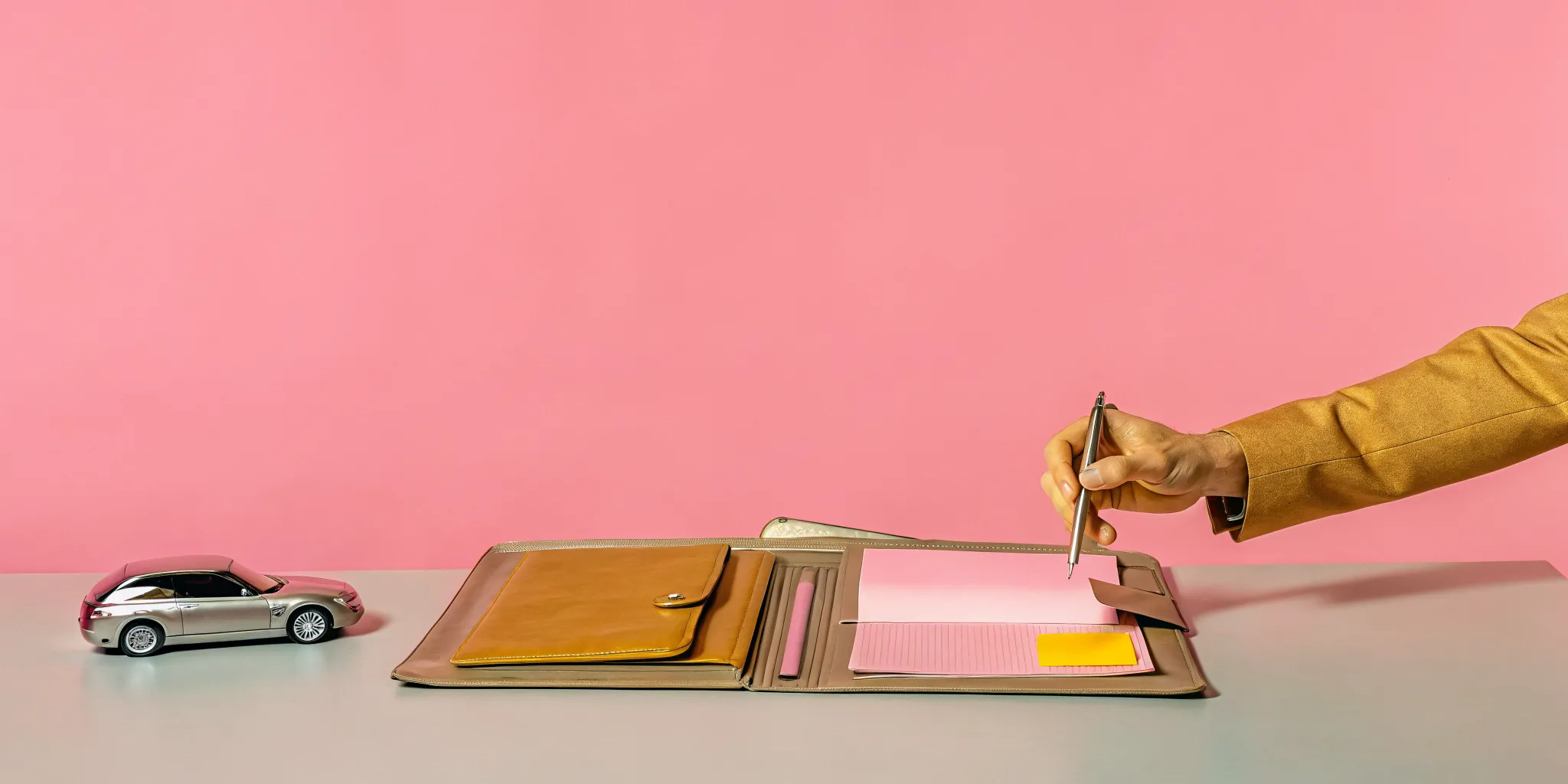 Evaluating a car accident settlement offer with a pen and toy car.