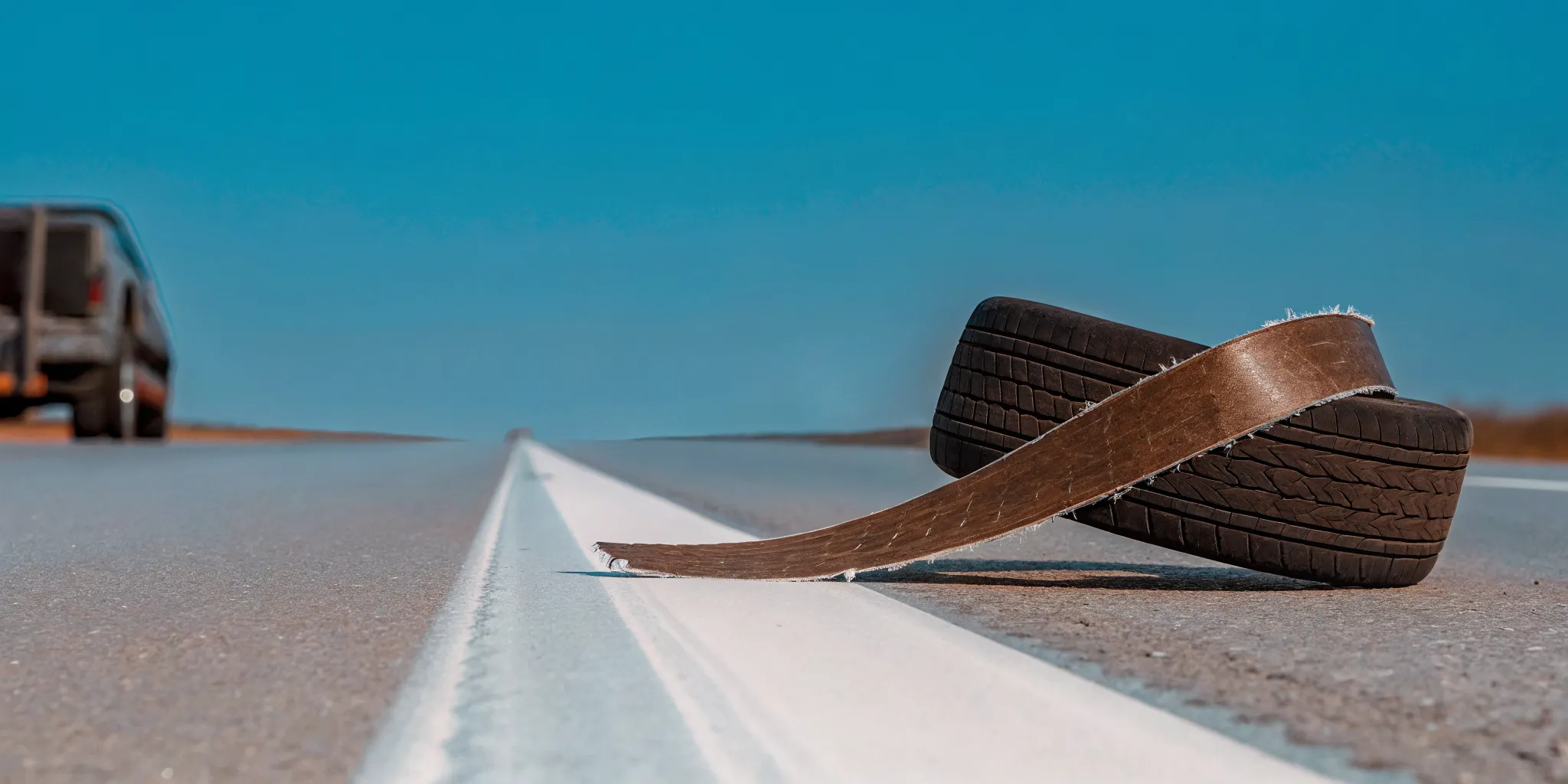 A road gator from a tire blowout creating a hazard on a highway.