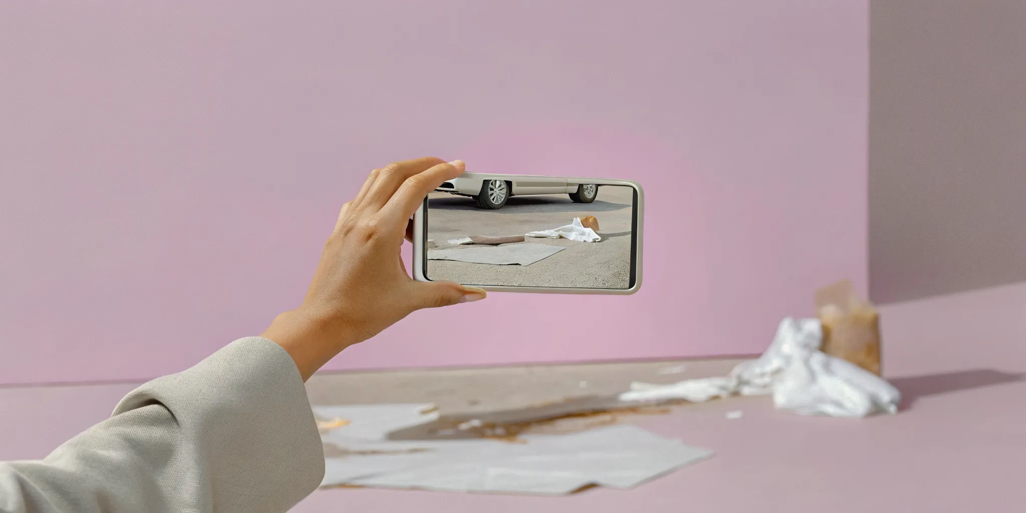 Smartphone documenting evidence after accident vehicle damage
