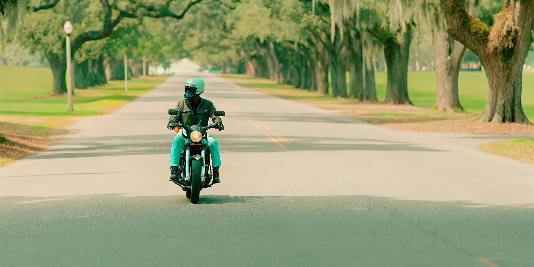 A motorcycle rider safely wearing a protective helmet while riding through Savannah, Georgia.