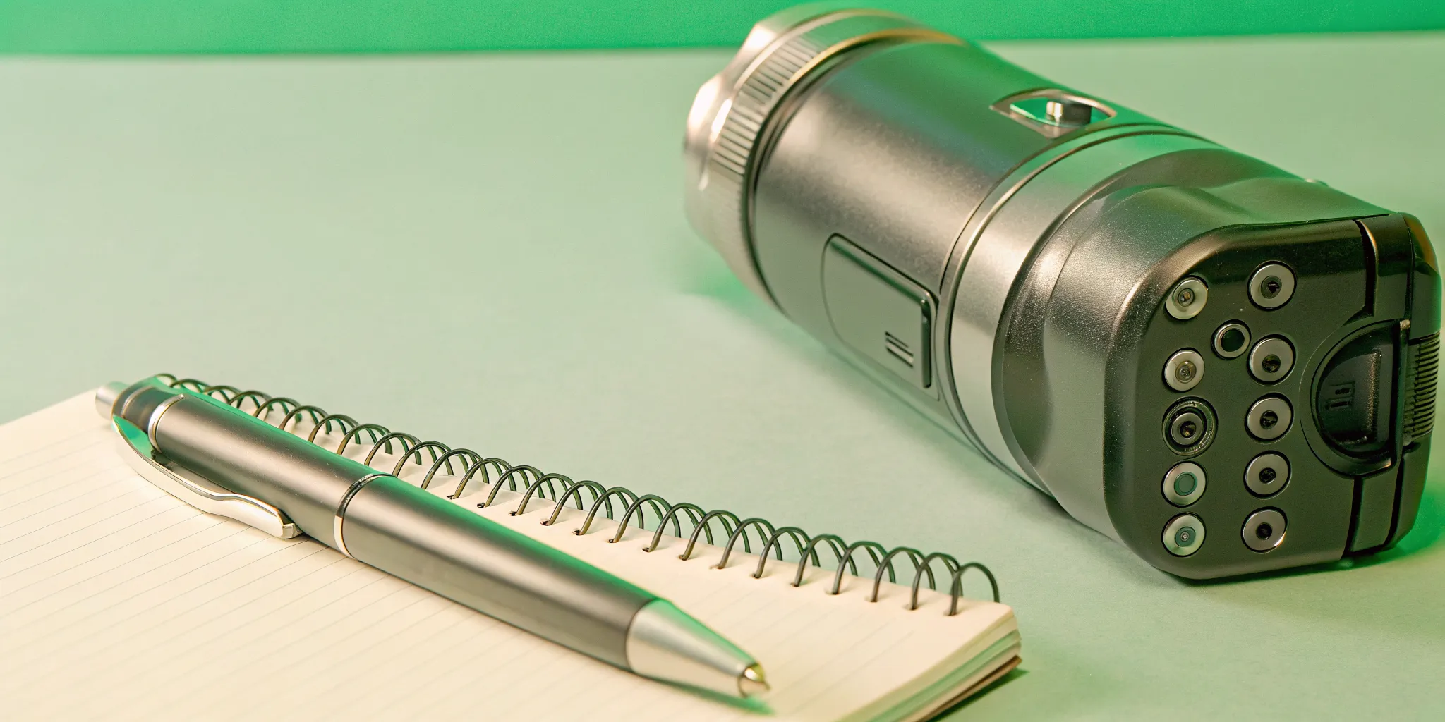 A professional camera, a notebook, and a pen on a desk representing documentation of accident scene evidence