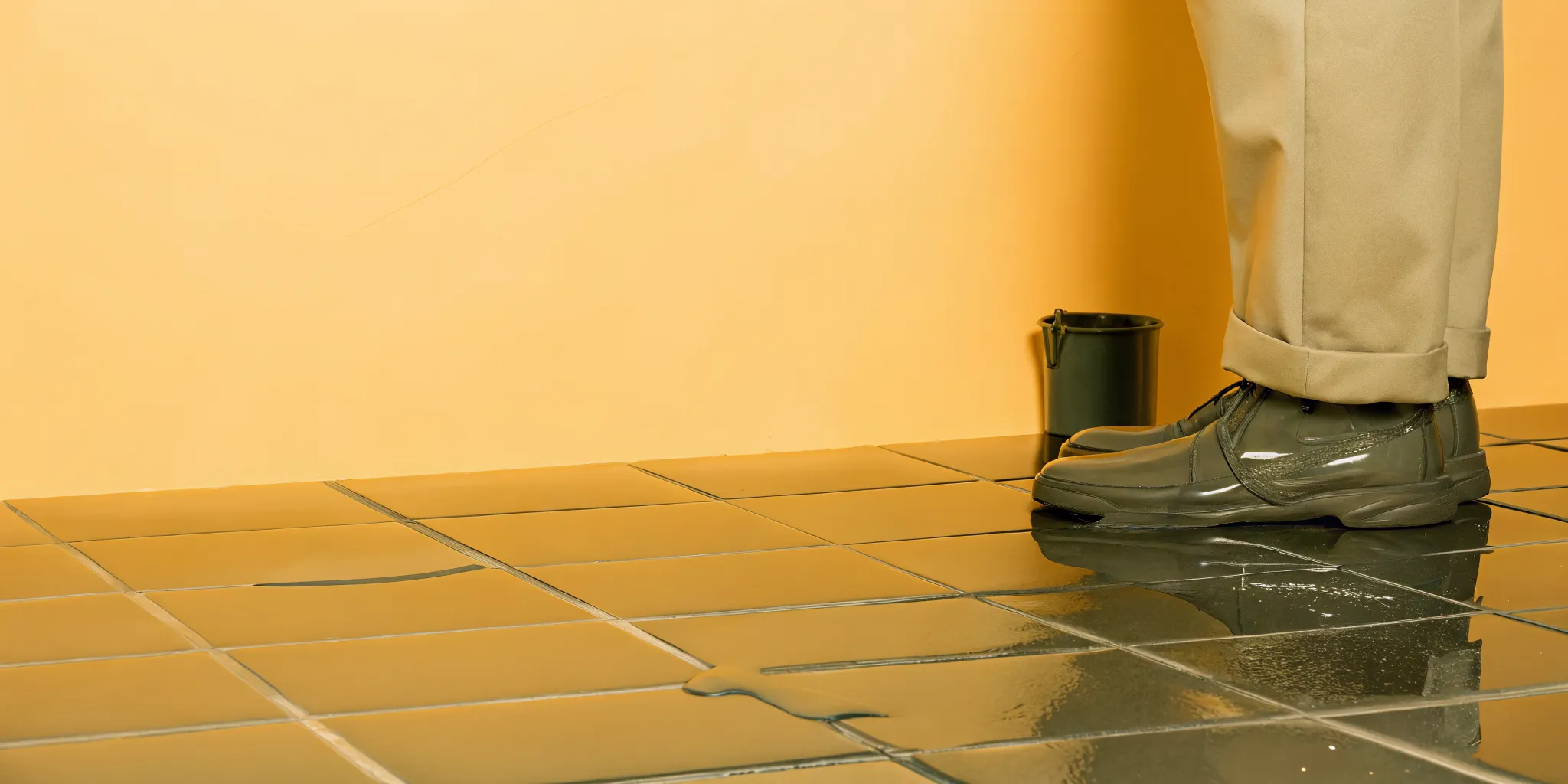 A close up photo of a wet, slippery commercial tiled floor with spilled liquid, representing a slip and fall accident scene.