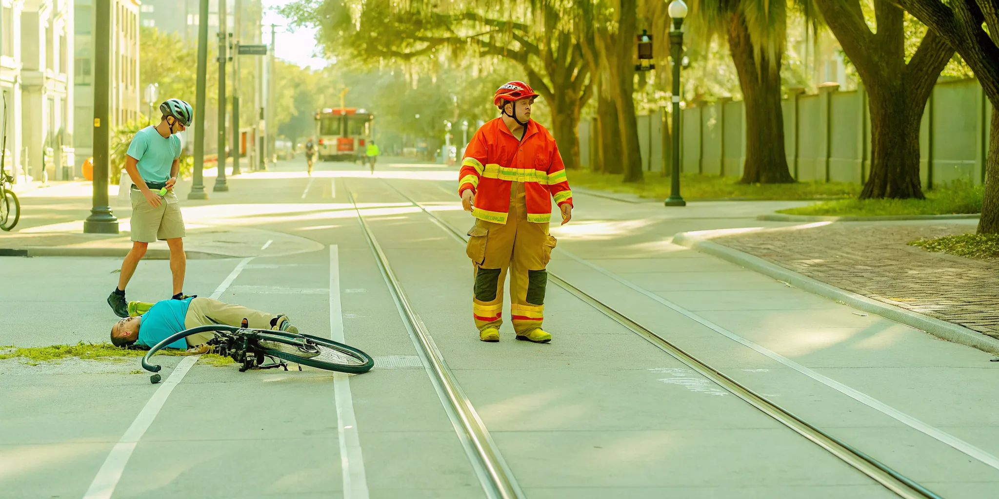 Bicycle accident scene on a historic Savannah street with damaged bicycle and emergency responders nearby