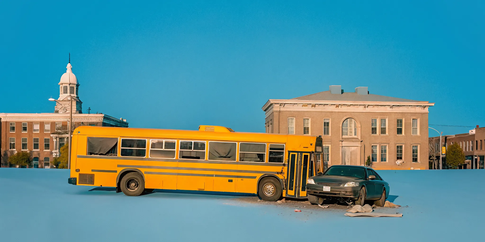 Bus accident scene in downtown Savannah, Georgia with damaged city bus and car