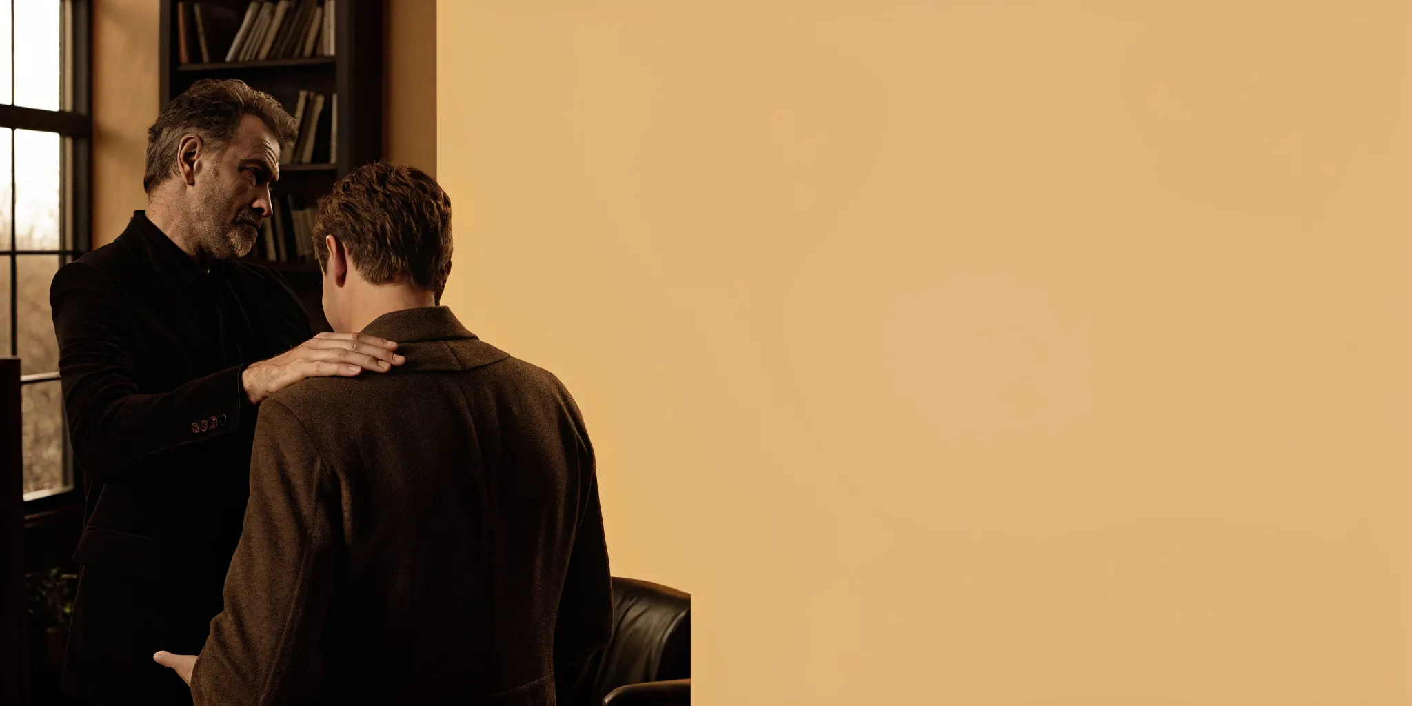 Injured man speaking with a caring attorney in a bright Savannah law office