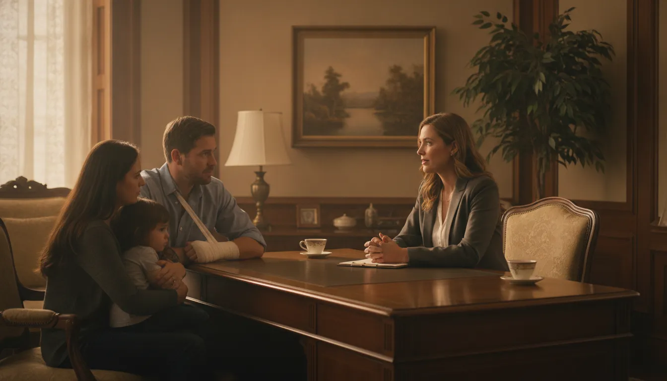 Attorney meeting with an accident victim in a warm Savannah office