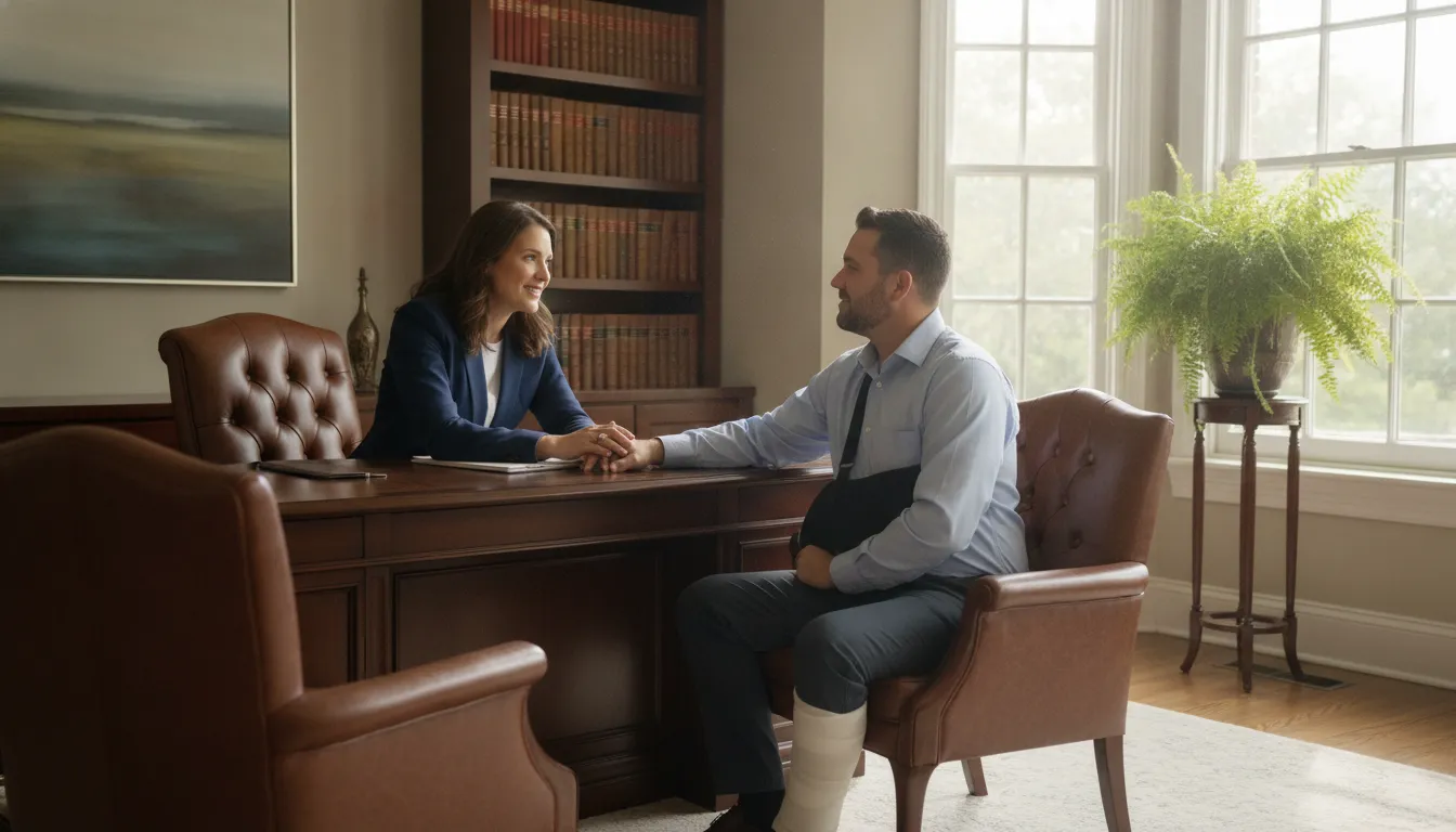 Savannah injury attorney meeting with an injured client in a warm law office
