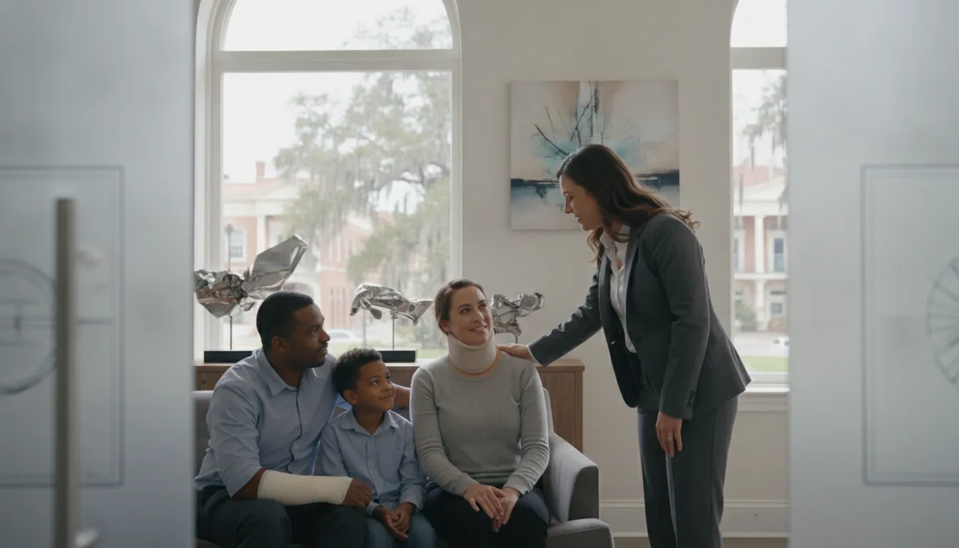 A compassionate personal injury attorney speaking with an injured client in a bright Savannah office, reassuring them after a car accident