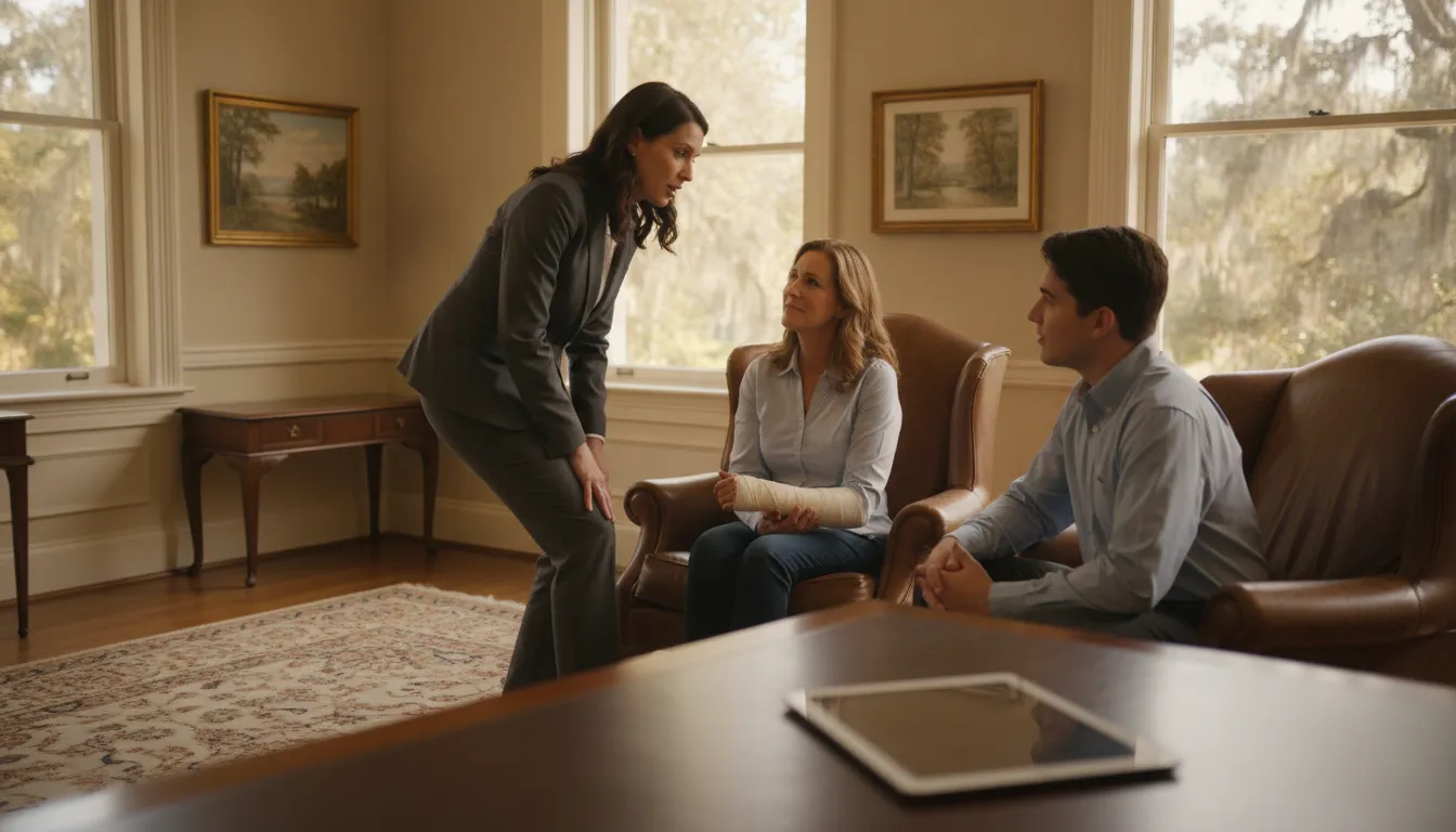 A compassionate personal injury attorney in Savannah, Georgia speaking with an injured client and their family in a bright law office