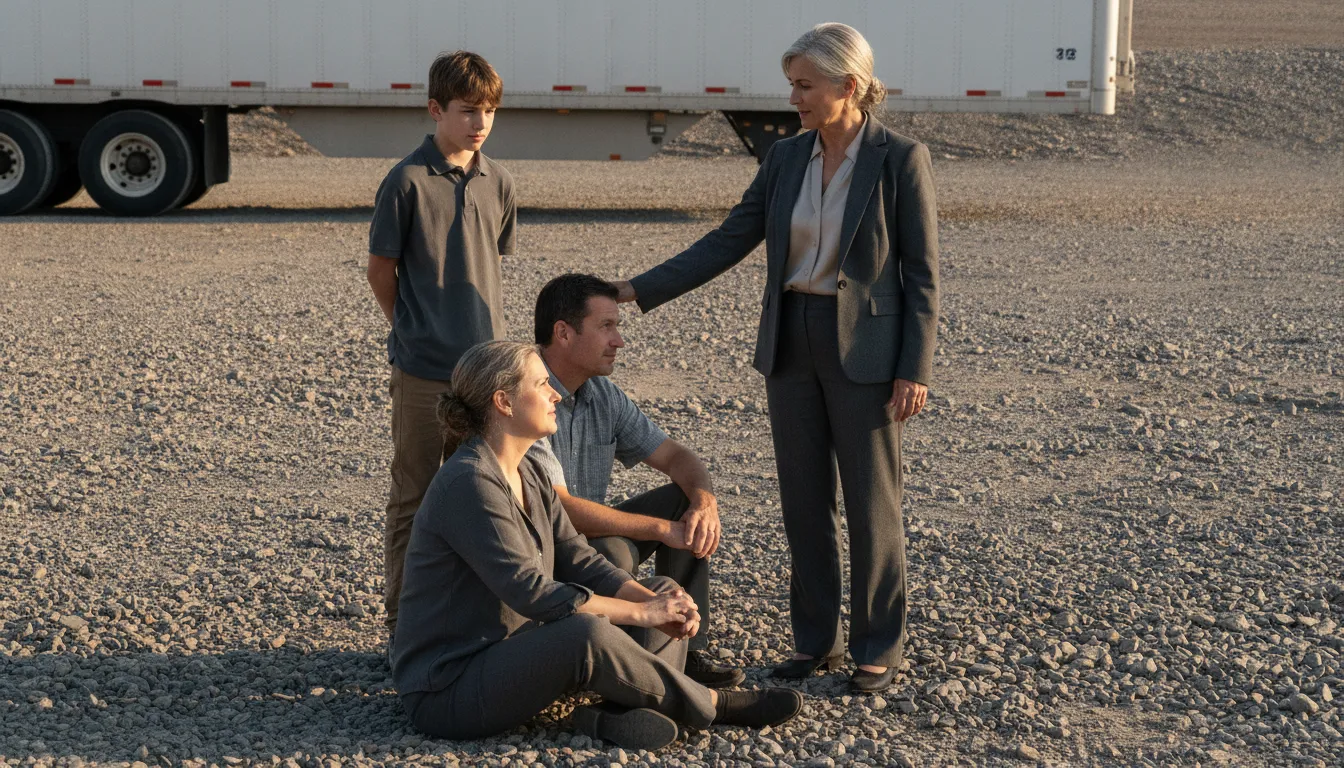 A Georgia truck accident attorney meeting with a family near a big-rig truck in the background