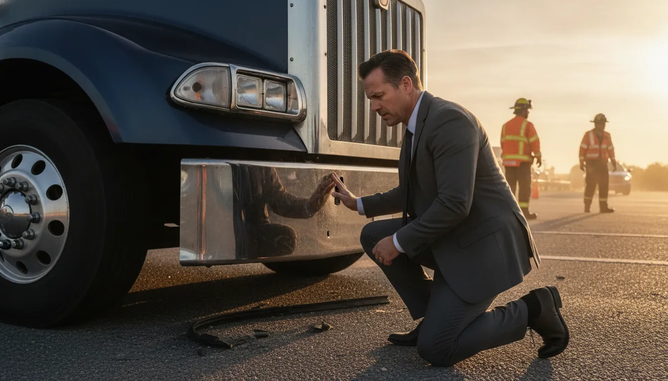 A personal injury attorney kneeling beside a damaged passenger car at a tractor-trailer crash scene as first responders work nearby
