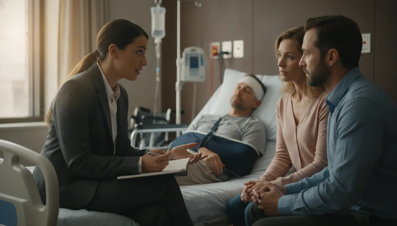 A personal injury attorney meeting with an injured patient recovering in a hospital bed while a family member listens nearby