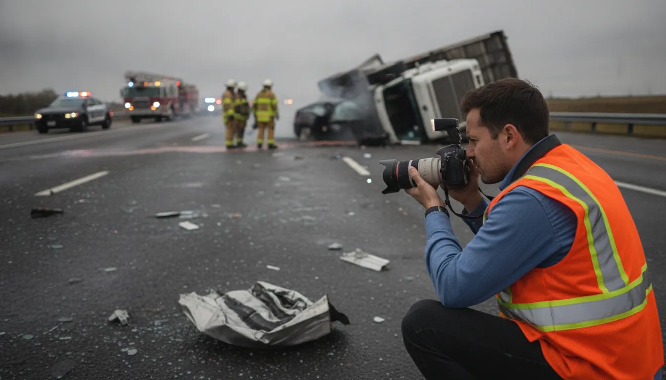 An investigator in a safety vest photographing evidence at the scene of a commercial truck accident on a highway