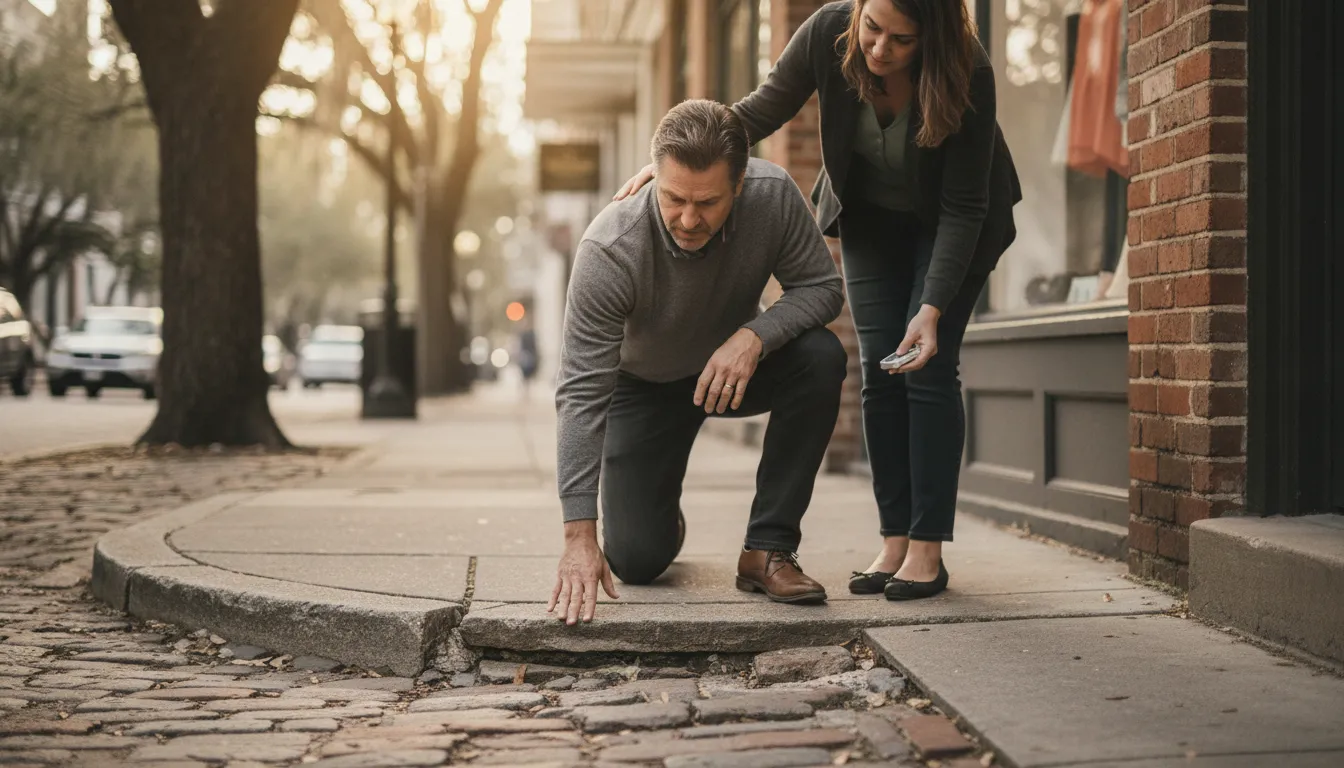 Trip and fall attorney examining an uneven Savannah sidewalk