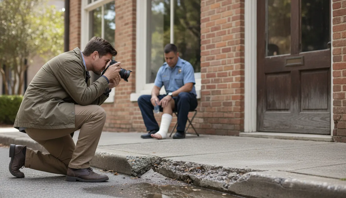 Investigator documenting a raised sidewalk after a trip and fall in Savannah, Georgia