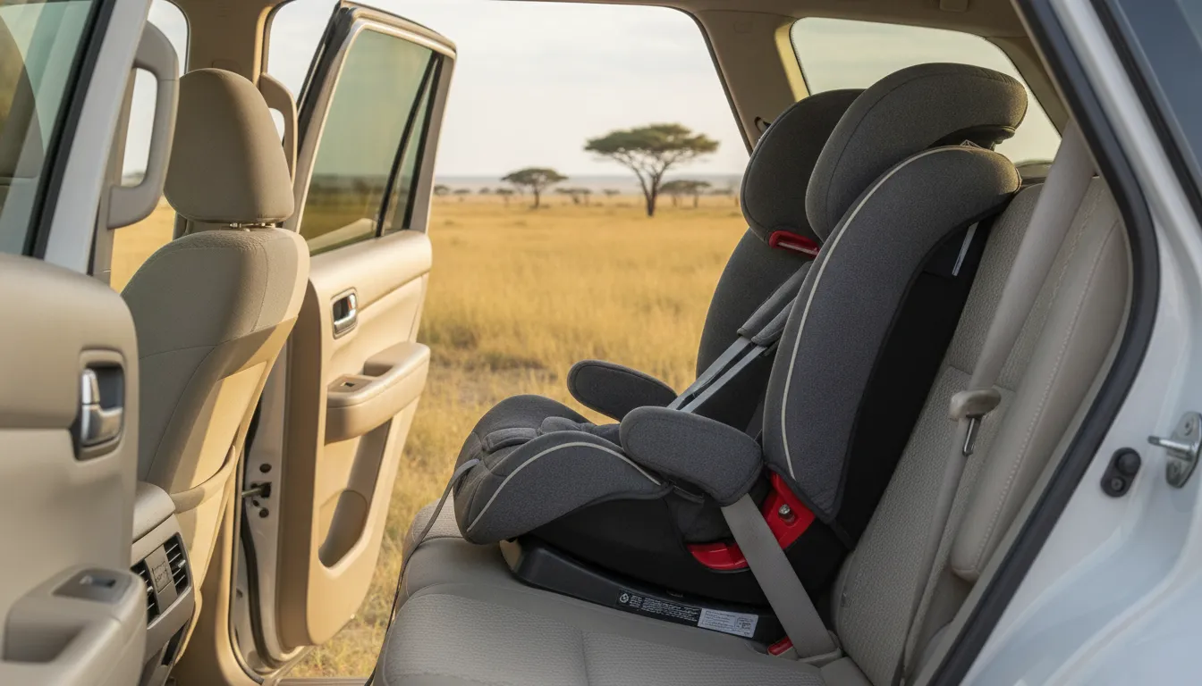 Properly installed child safety seat secured in a vehicle's rear seat