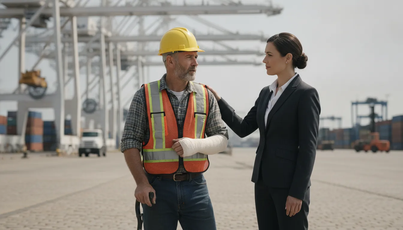 Injured Savannah port worker speaking with an attorney near cargo cranes