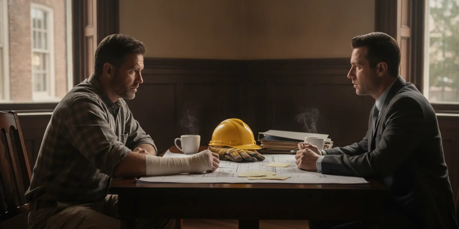 Construction worker reviewing jobsite documents with a lawyer after an injury