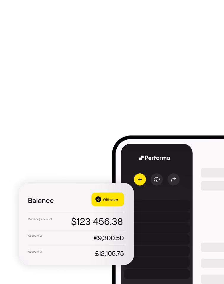 Digital banking interface showing account balances: $123,456.38 in currency account, €9,300.50 in account 2, and £12,105.75 in account 3, with a yellow Withdraw button and Performa app controls.
