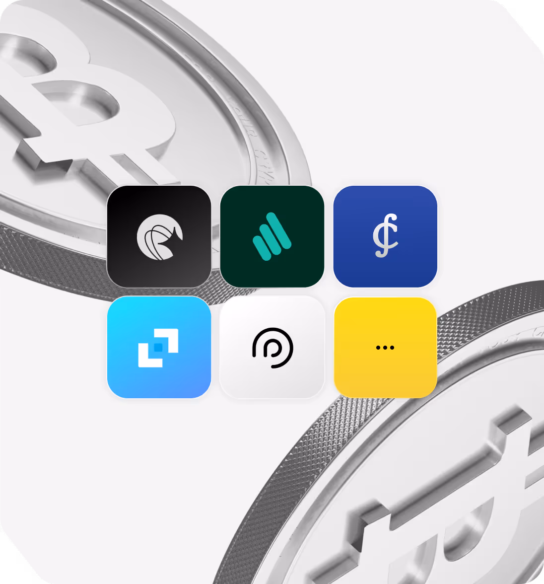 Six colorful app icons arranged in two rows over a blurred background of silver Bitcoin coins.