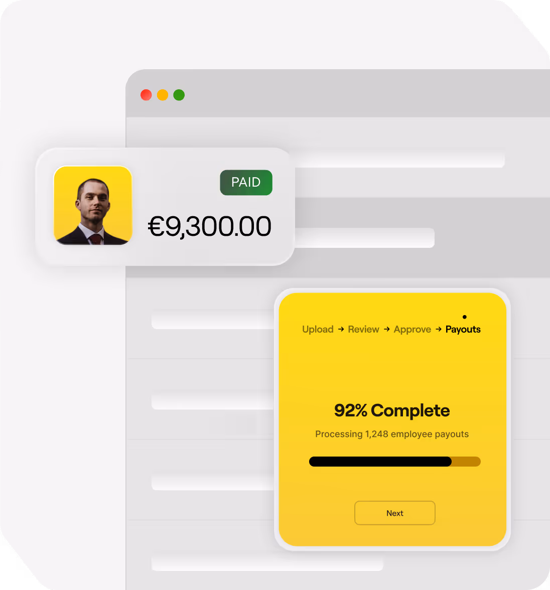 Interface showing a paid amount of €9,300.00 with a user profile picture and a yellow progress box indicating 92% complete for processing 1,248 employee payouts.
