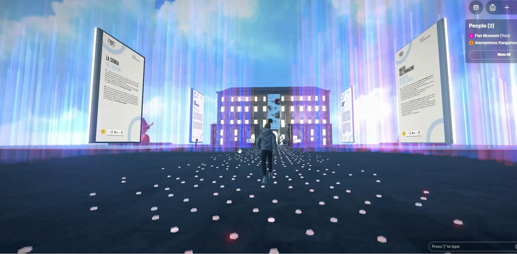 Avatar che cammina verso un edificio digitale con pannelli informativi luminosi su entrambi i lati in un ambiente virtuale.