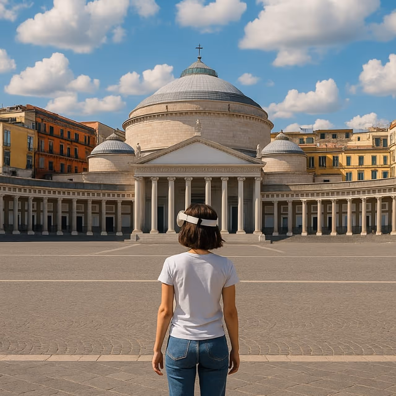 Ragazza vista di spalle con visore VR bianco guarda la Basilica di San Francesco di Paola a Napoli sotto un cielo azzurro con nuvole.