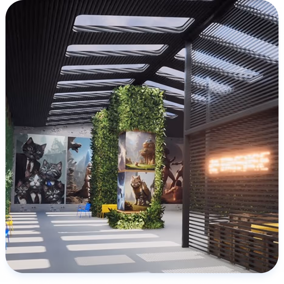 Interno di uno spazio moderno con pareti decorate da grandi murales di gatti e natura, colonne coperte di piante, e illuminazione naturale dal soffitto.