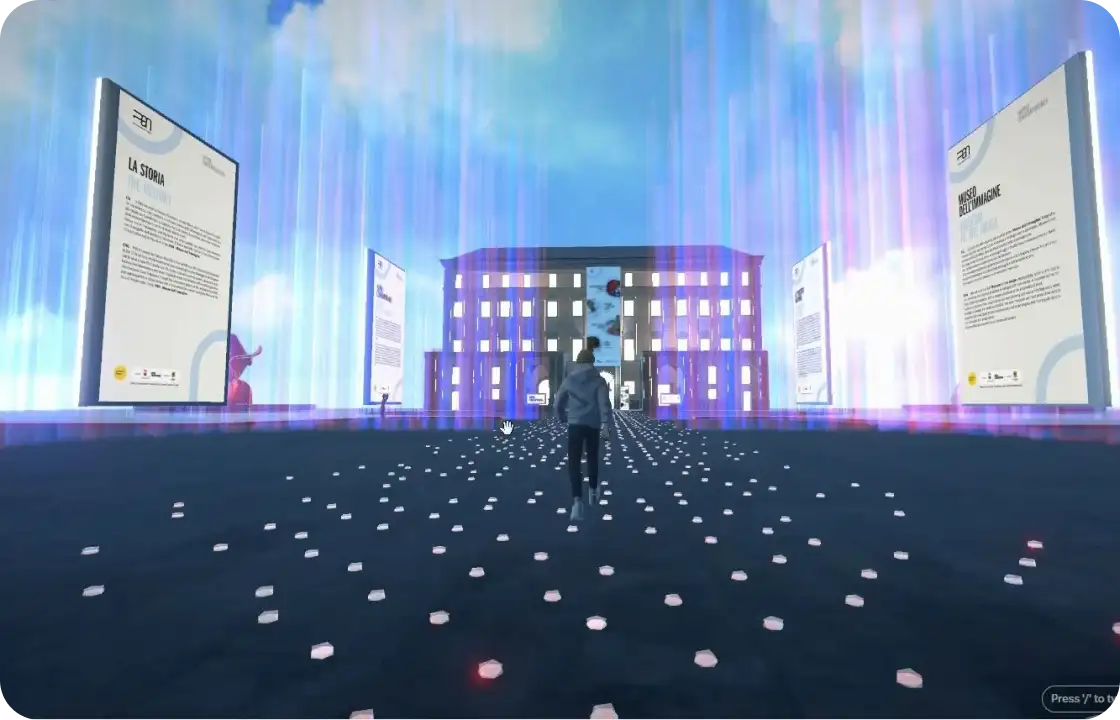 Avatar digitale che cammina verso un edificio illuminato circondato da pannelli informativi in un ambiente virtuale con effetti di luce al neon.