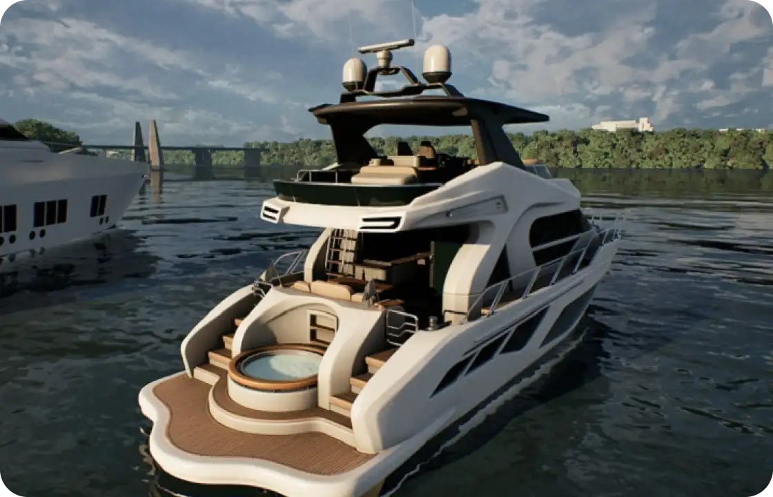Yacht moderno bianco con terrazza posteriore e jacuzzi galleggiando sull'acqua vicino a un ponte e una zona alberata.